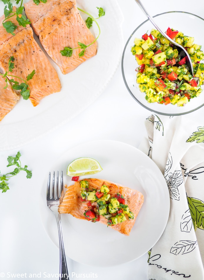 Pan fried rainbow trout served with pineapple salsa.