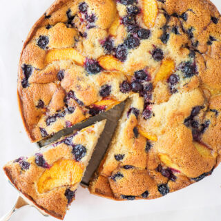 Top view of a Peach and Blueberry Cake.