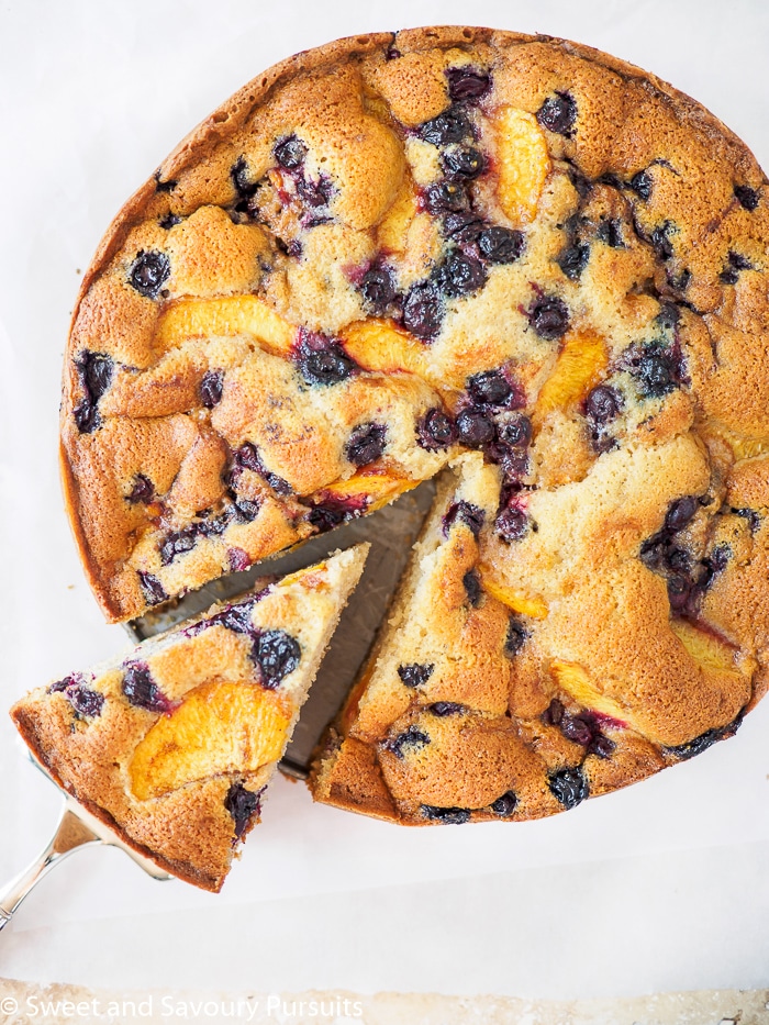 Top view of a Peach and Blueberry Cake.