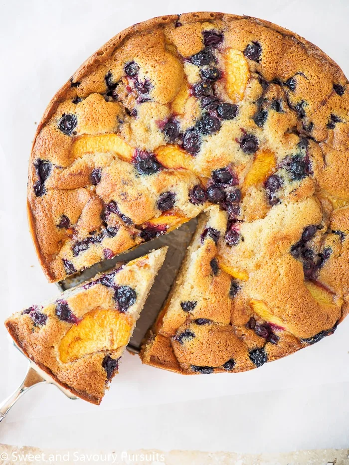 Top view of a Peach and Blueberry Cake.