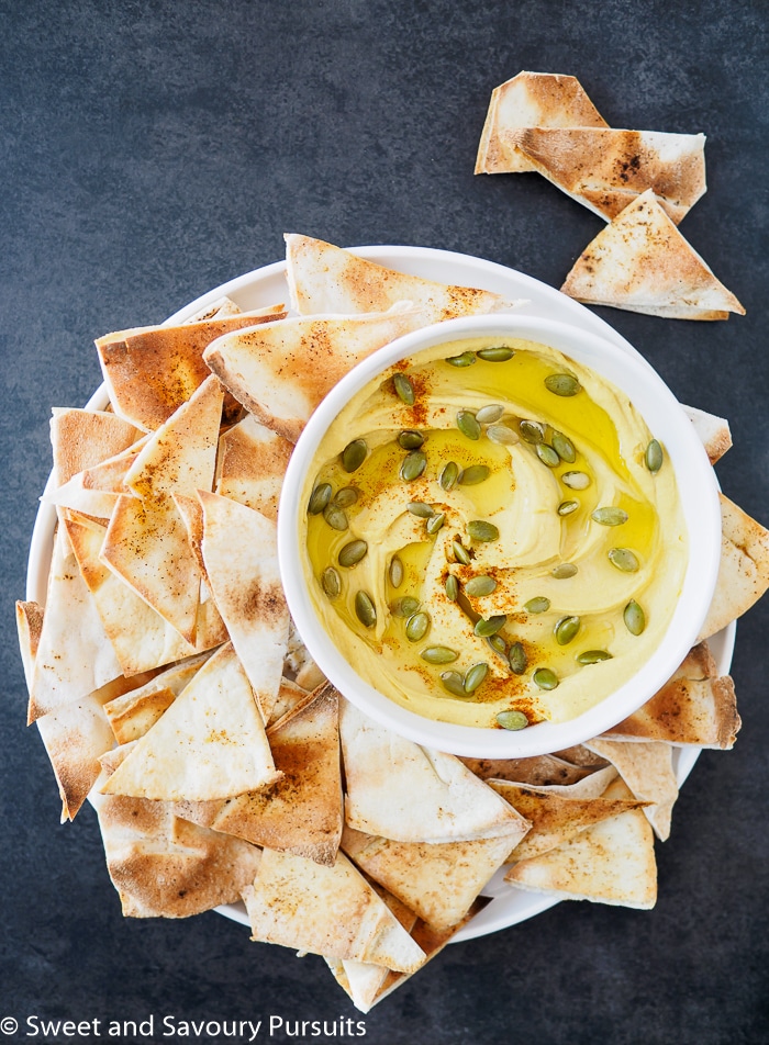 Butternut squash dip served with toasted pita chips.