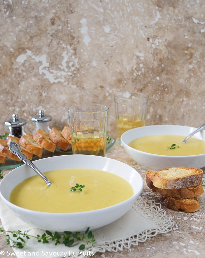 Creamy Leek and Potato Soup in bowl.