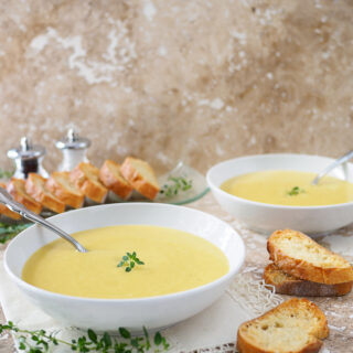Creamy Leek and Potato Soup with Garlic Parmesan Crostini