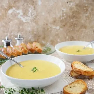 Creamy Leek and Potato Soup with Garlic Parmesan Crostini
