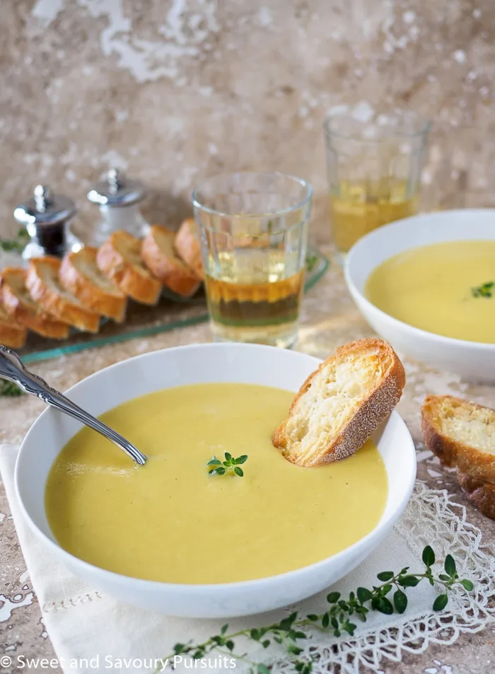 Creamy Leek and Potato Soup with Garlic Parmesan Crostini