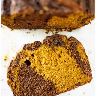 Slice of chocolate swirled pumpkin loaf