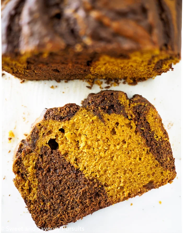 Chocolate and pumpkin swirled loaf.