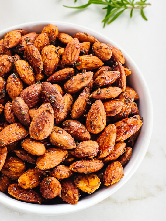 Bowl of Rosemary Roasted Almonds.