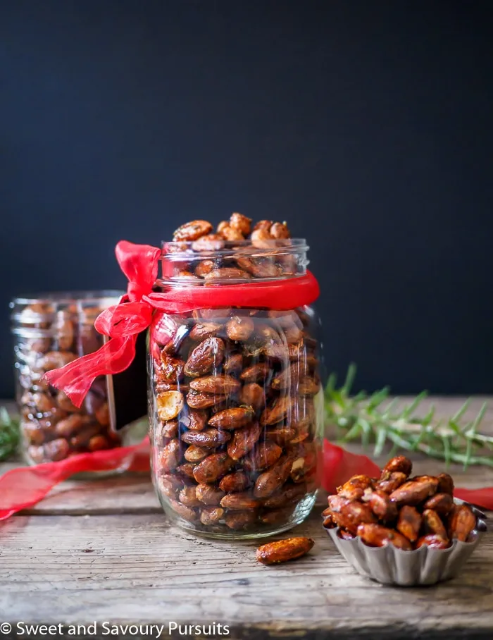 Rosemary Roasted Almonds in mason jars.