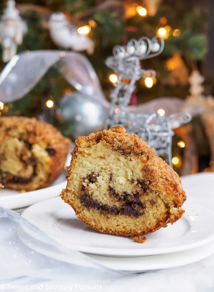 A plated slice of a cinnamon flavored bundt cake.