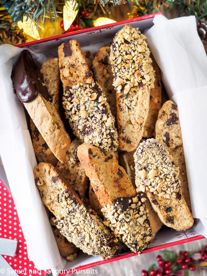 Hazelnut Chocolate Biscotti displayed in gift box.