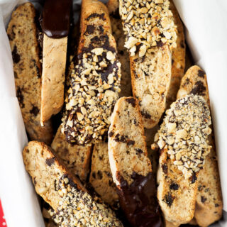 Hazelnut Chocolate Biscotti displayed in gift box.