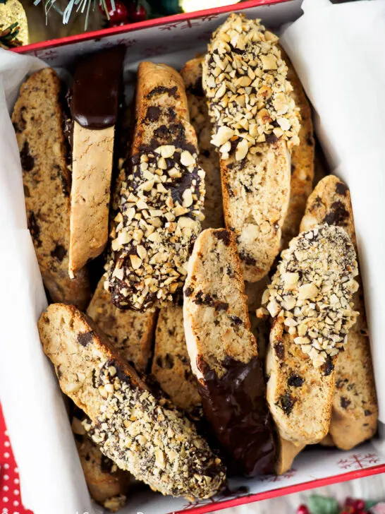 Hazelnut Chocolate Biscotti displayed in gift box.