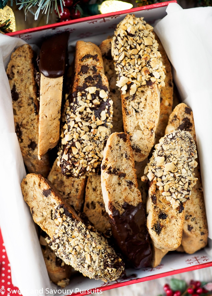 Hazelnut Chocolate Biscotti displayed in gift box.