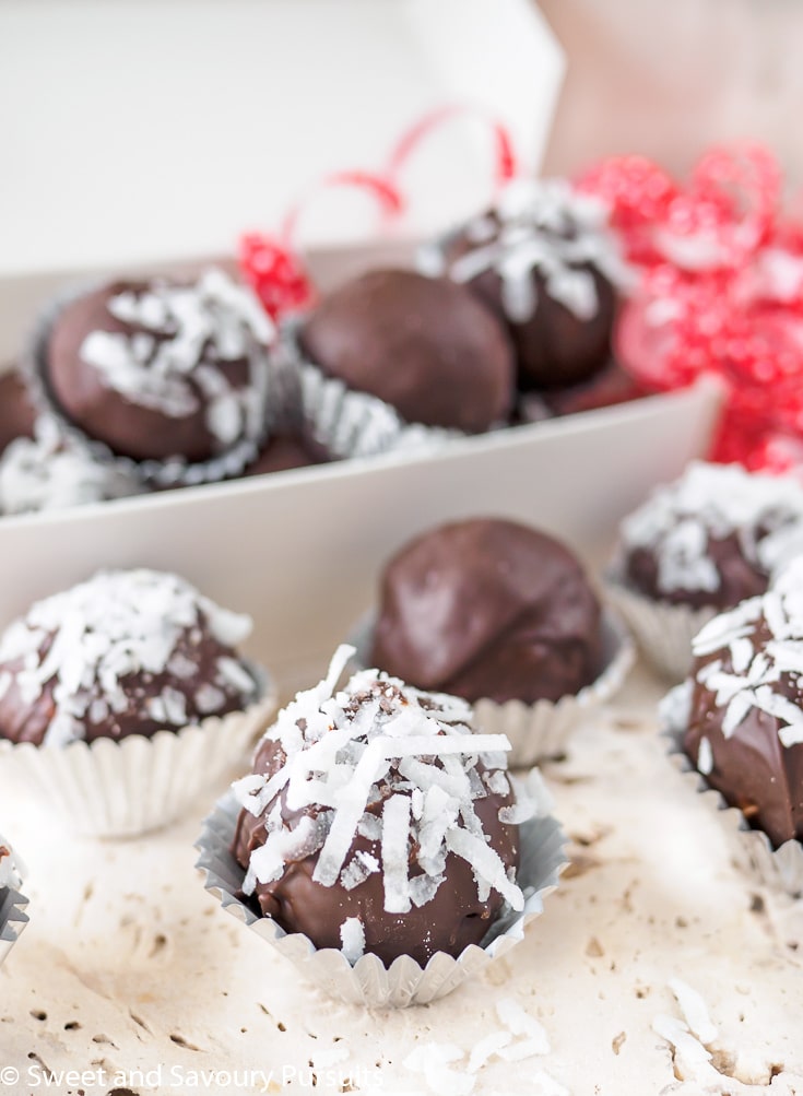 Box of Chocolate Coconut Almond Truffles.