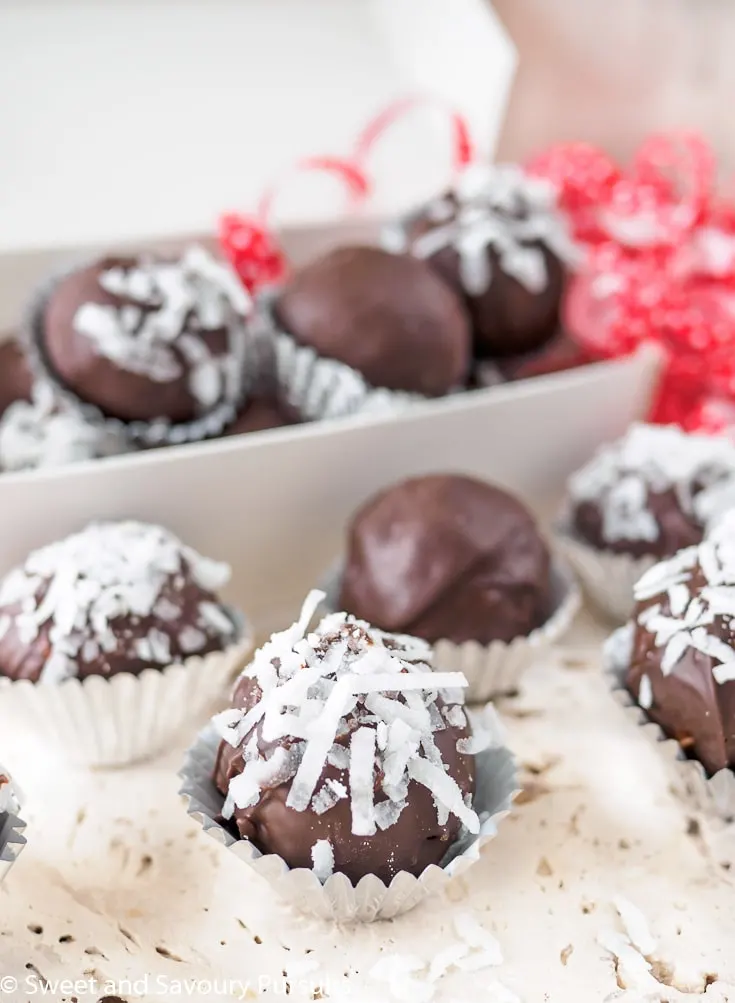 Box of Chocolate Coconut Almond Truffles.