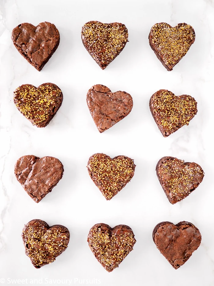 Top view of heart shaped brownies.