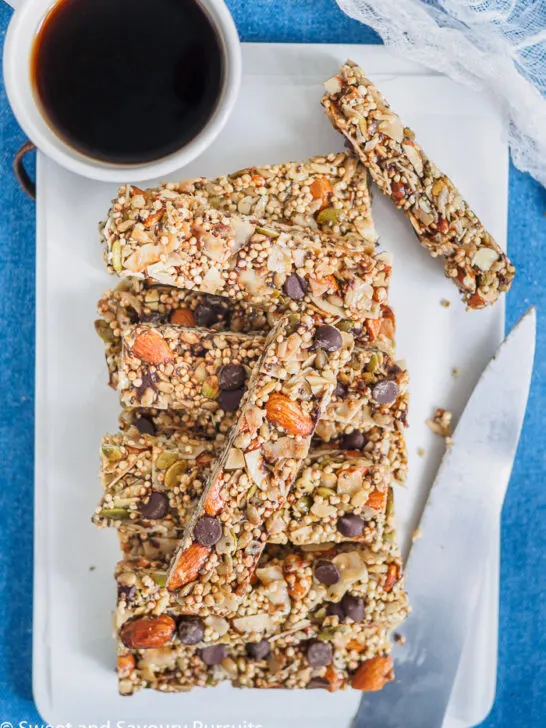 Homemade Coconut and Seed Bars on cutting board.