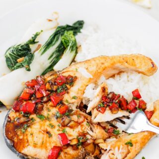 Plate of Thai Salmon with Cilantro-Chili Sauce.