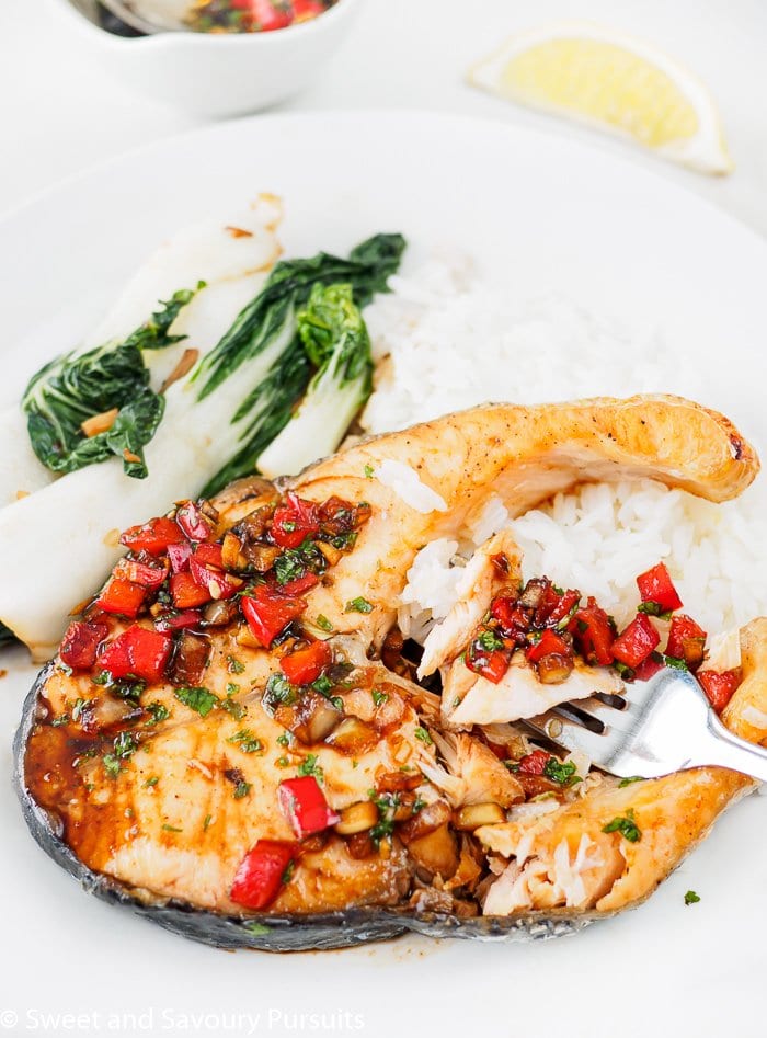 Plate of Thai Salmon with Cilantro-Chili Sauce.