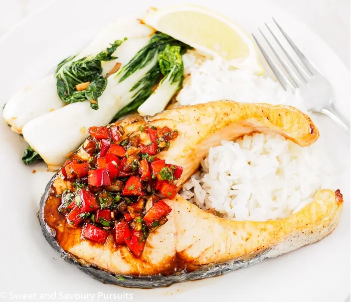 Baked Salmon with Cilantro-Chili Sauce.