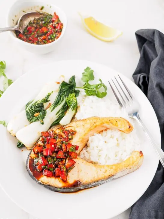 Plate of Thai Baked Salmon with Cilantro-Chili Sauce.