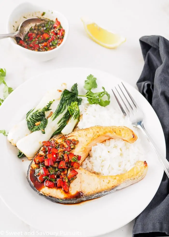 Plate of Thai Baked Salmon with Cilantro-Chili Sauce.