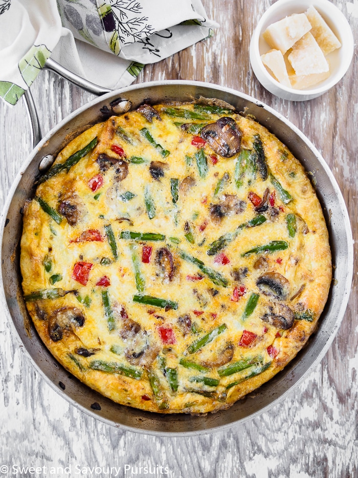 A Healthy Vegetable Frittata in a skillet.