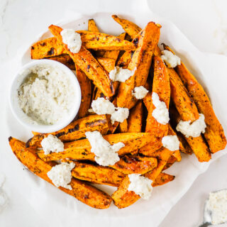 Baked Sweet Potato wedges topped with softened Feta cheese.