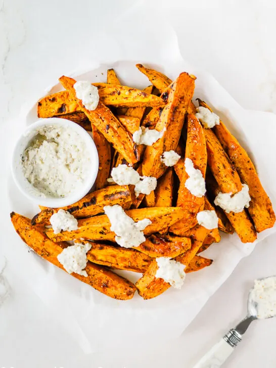 Baked Sweet Potato wedges topped with softened Feta cheese.