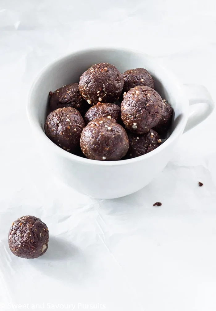 No Bake Brownie Energy Bites in a big mug