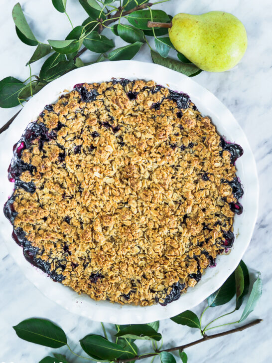 Top view of a Pear and Blueberry Crumble