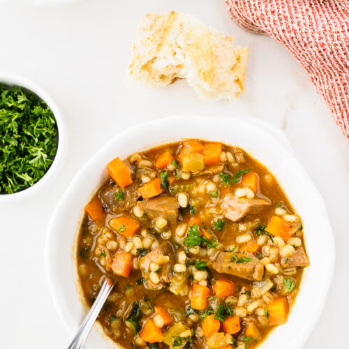 Bowl of Beef Barley Soup.