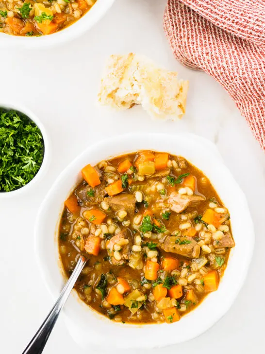 Bowl of Beef Barley Soup.