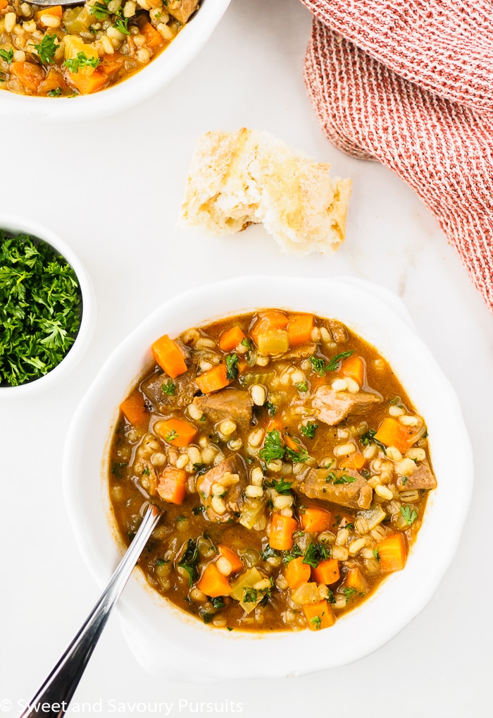 Bowl of Beef Barley Soup.