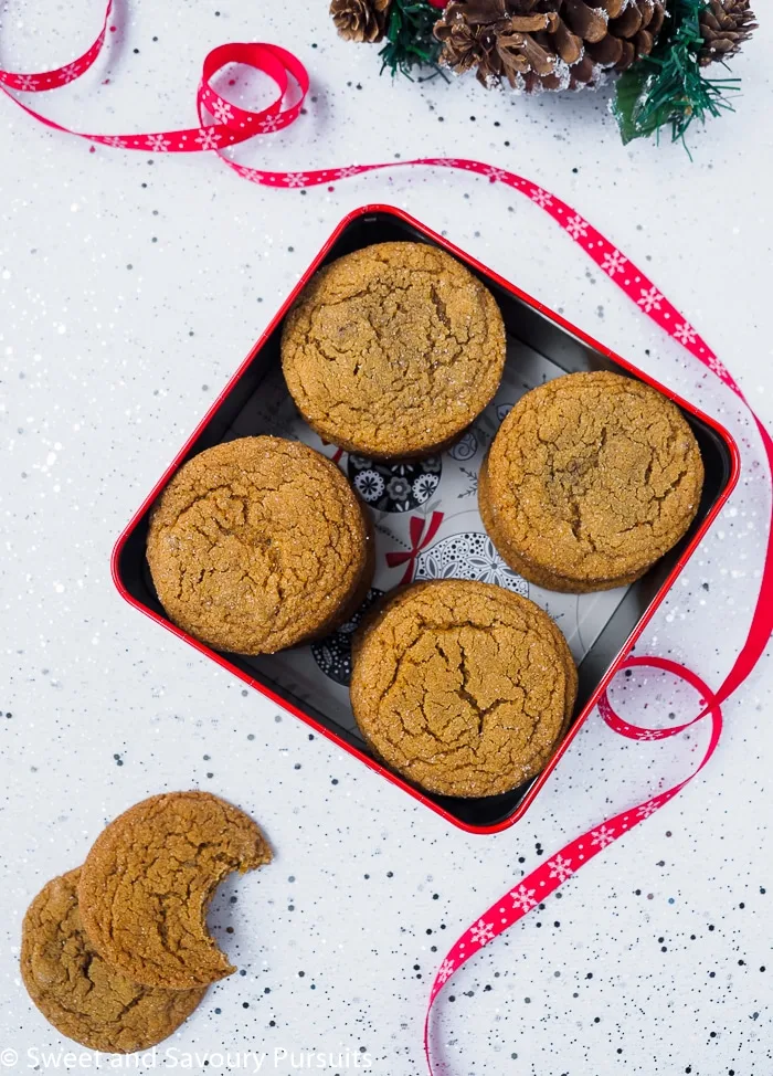 Complete your cookie tray with these tender, sweet and flavourful Chewy Ginger Cookies made with molasses and ground and candied ginger. Chewy Ginger Cookies in gift box.