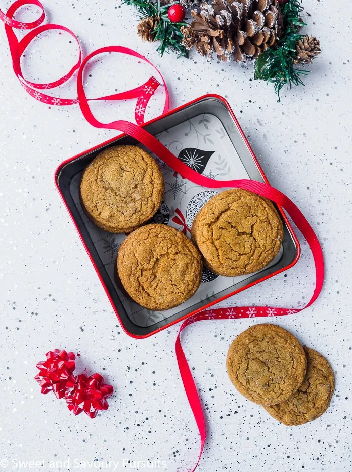 Complete your cookie tray with these tender, sweet and flavourful Chewy Ginger Cookies made with molasses and ground and candied ginger. Chewy Ginger Cookies in gift box.