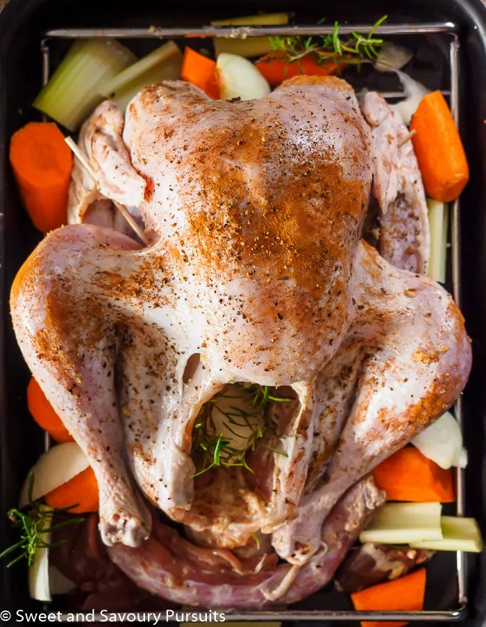 Raw seasoned turkey ready to be roasted.