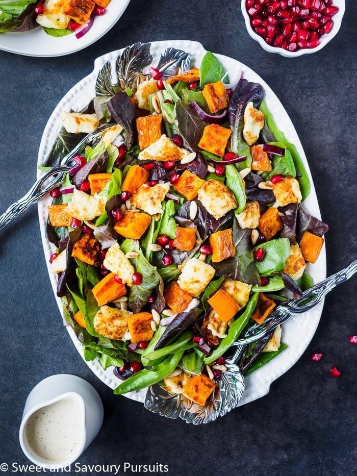 Top view of a roasted sweet potato salad.