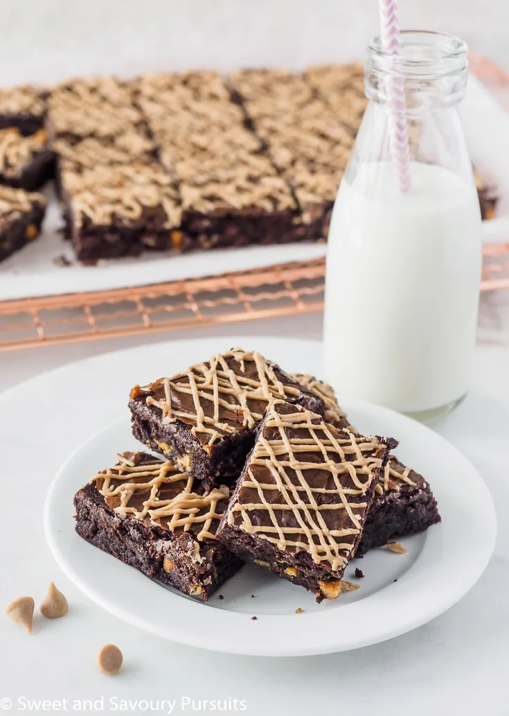 Plate of salted caramel chip brownies.