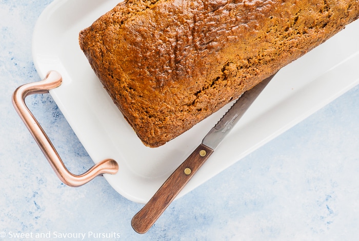 Healthy carrot bread served on a white platter.