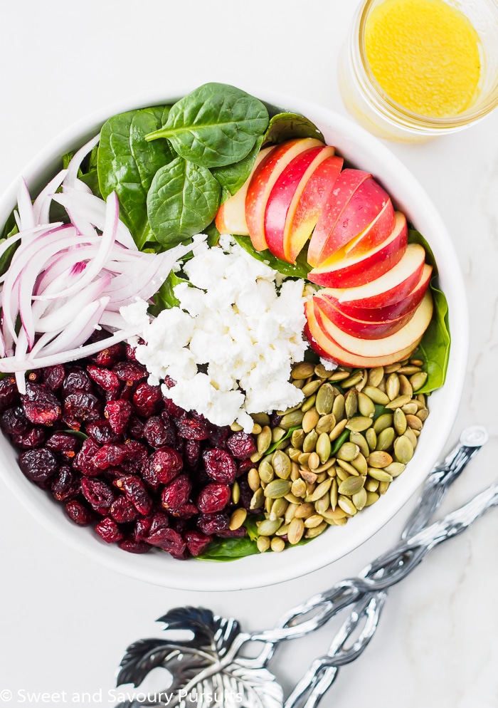 Large Bowl of Spinach Salad topped with apples, cranberries, pumpkin seeds and goat cheese. 