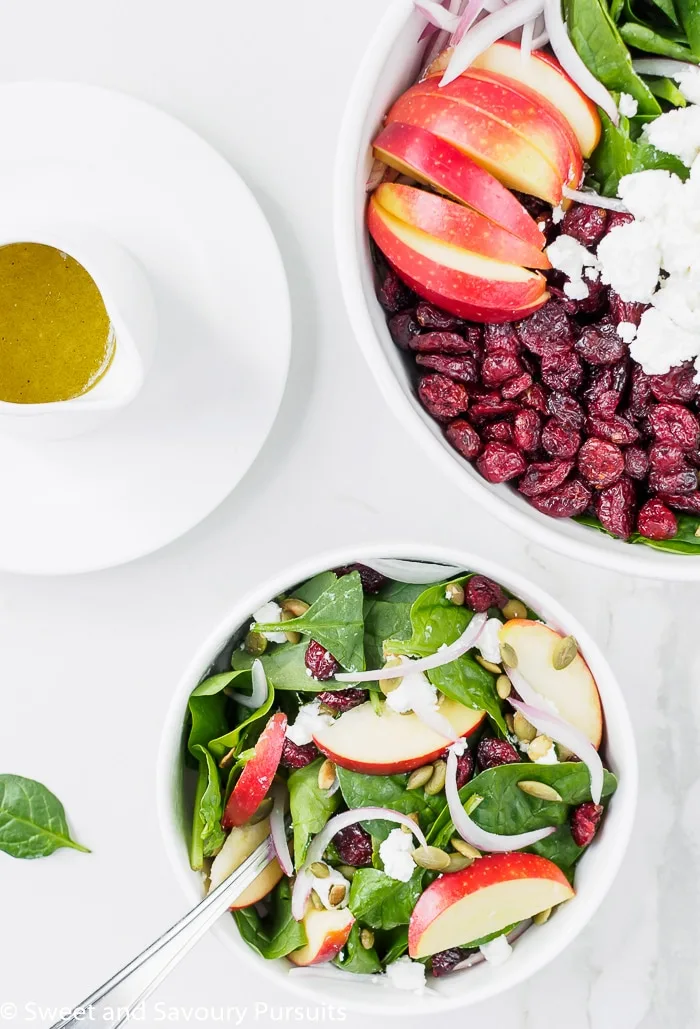 Bowl of Spinach Apple Cranberry Salad with Pumpkin Seeds served with Apple Cider Vinaigrette on the side.