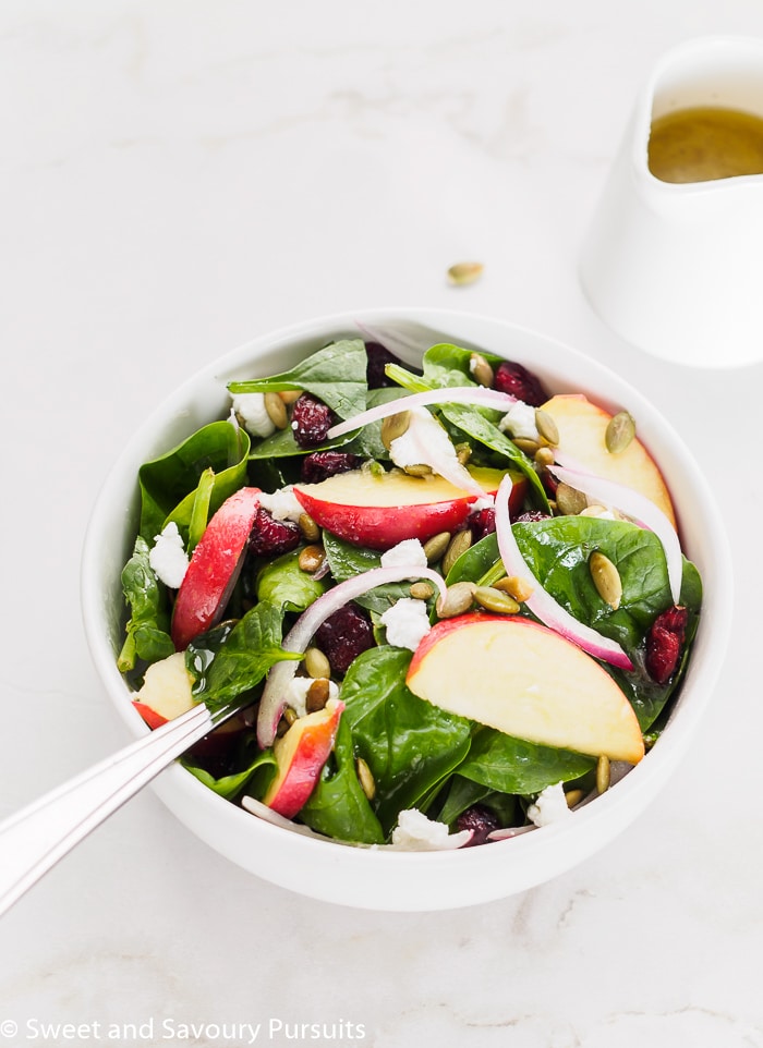 Small bowl of spinach salad with apple, dried cranberries and pumpkin seeds.