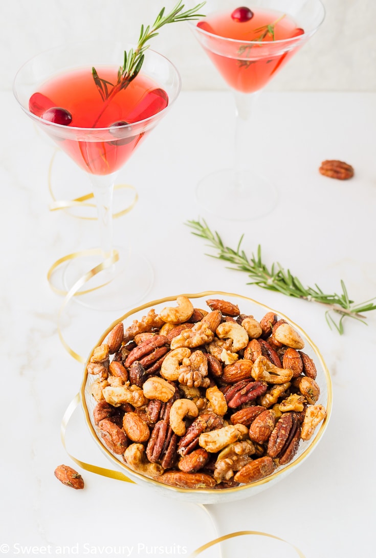 Bowl of Mixed Spiced Nuts served with cocktails.