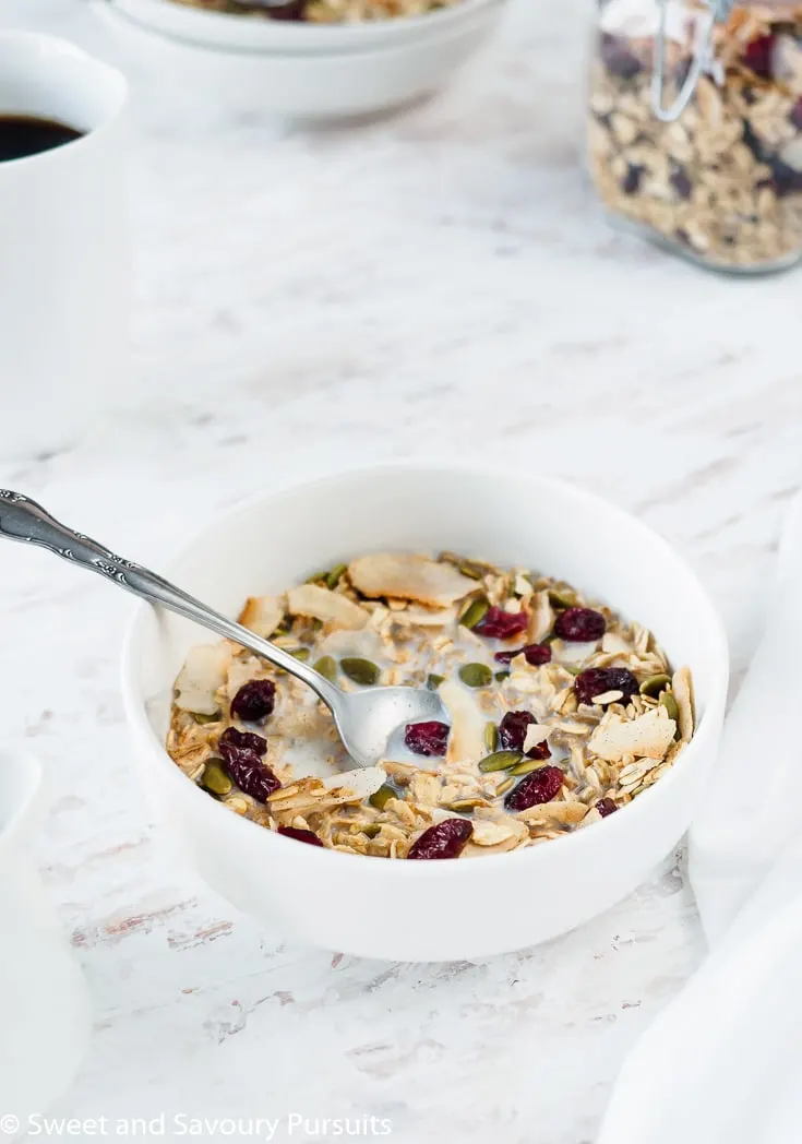 Bowl of homemade muesli with milk.