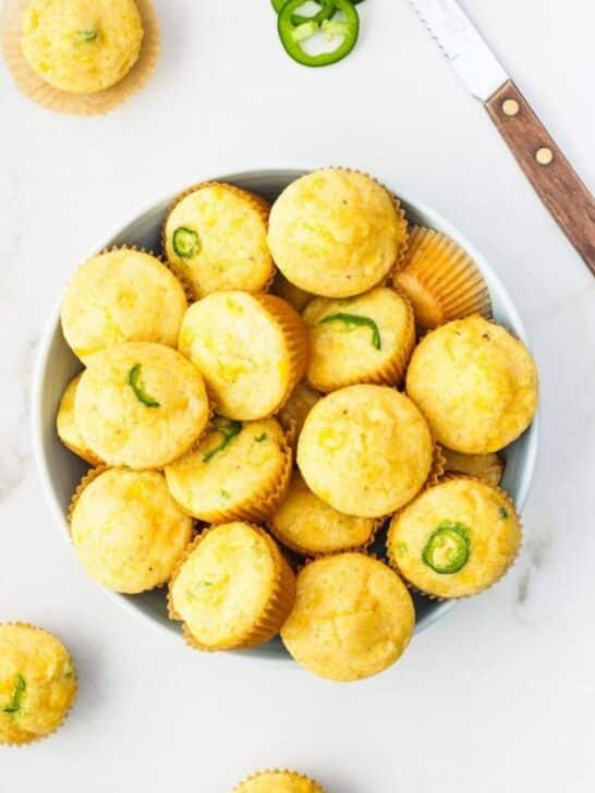 Bowl of mini cornbread muffins.