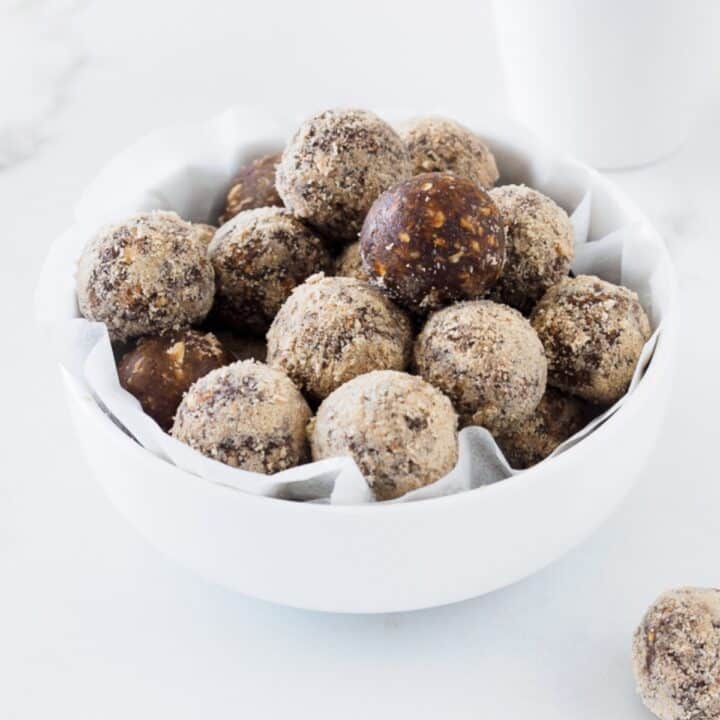 Bowl of maple espresso energy balls.