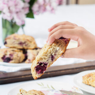 A close-up of an American style Blackberry Scone.