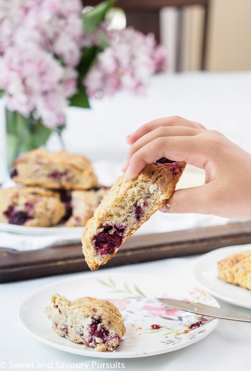 A close-up of an American style Blackberry Scone. 